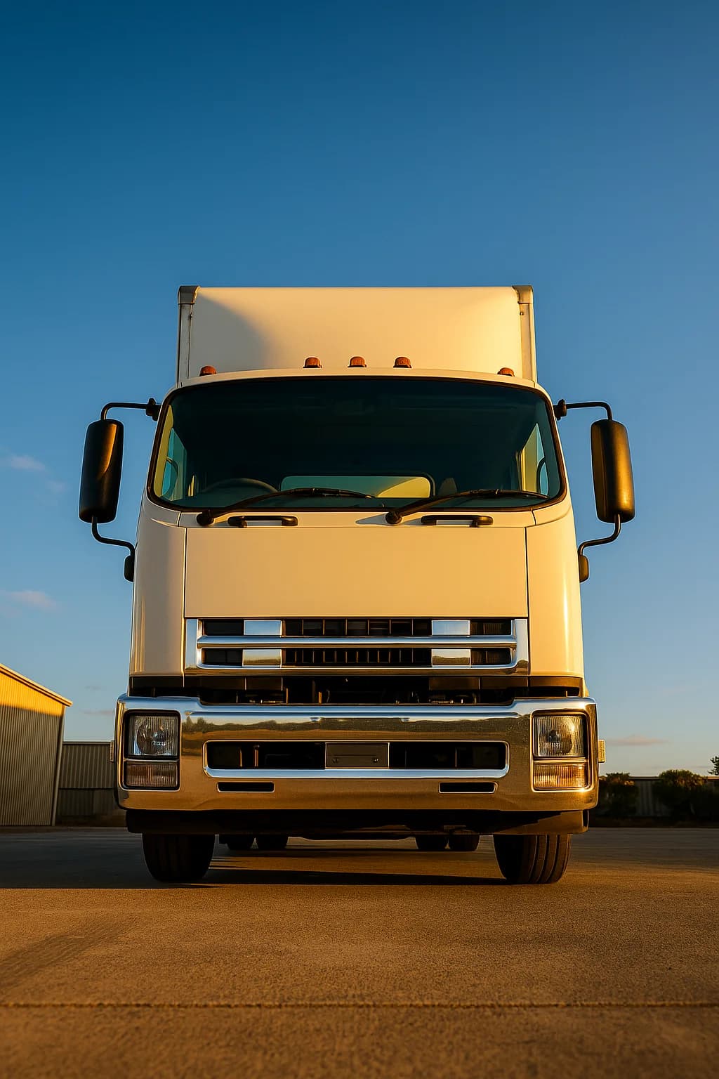 White rigid truck cab from ground level against a wide blue sky