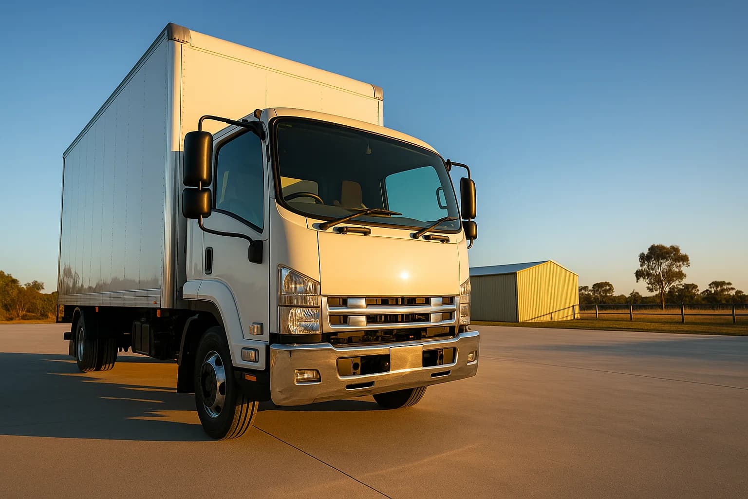 White rigid truck in a private hardstand yard at golden hour