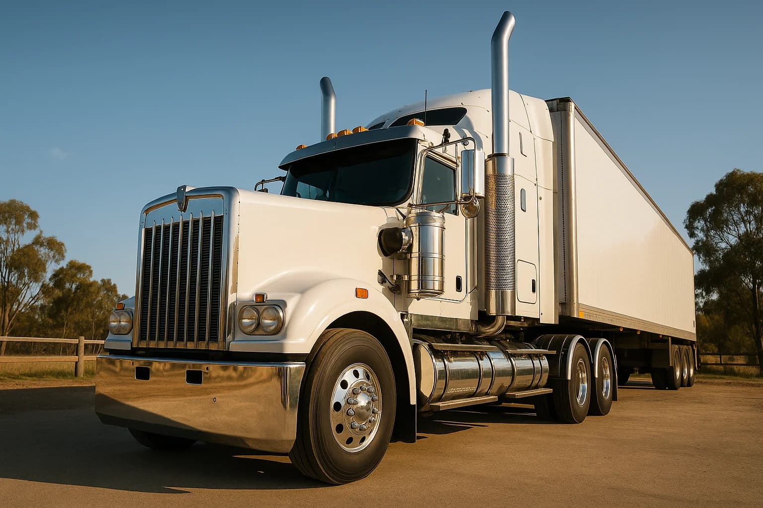 White semi-trailer cab against blue sky in a private rural yard